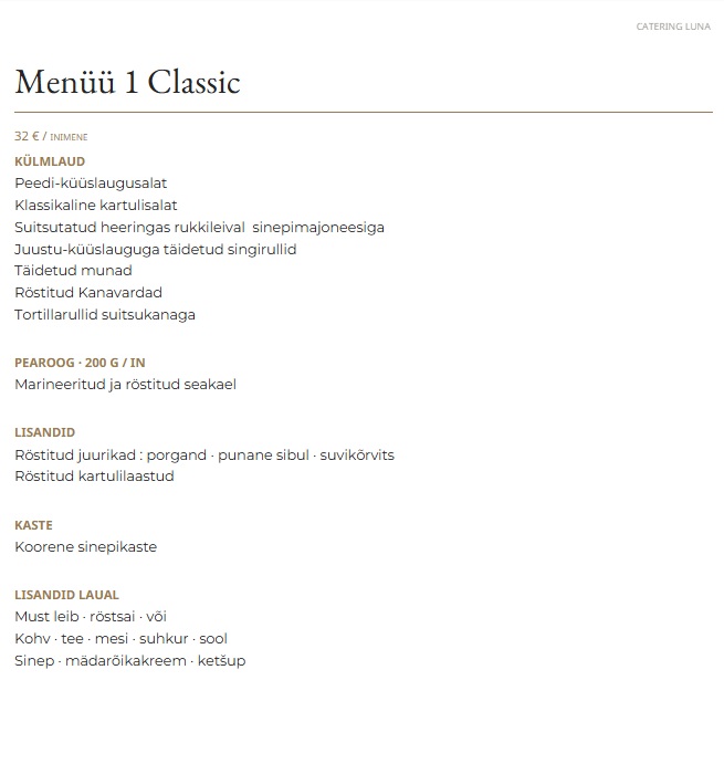Catering Luna klassikalised buffemenüüd nr 1 — 32 € inimese kohta
