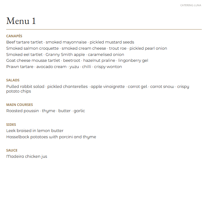 Catering Luna classic menu 1: canapés, salad, main course, sides and sauce