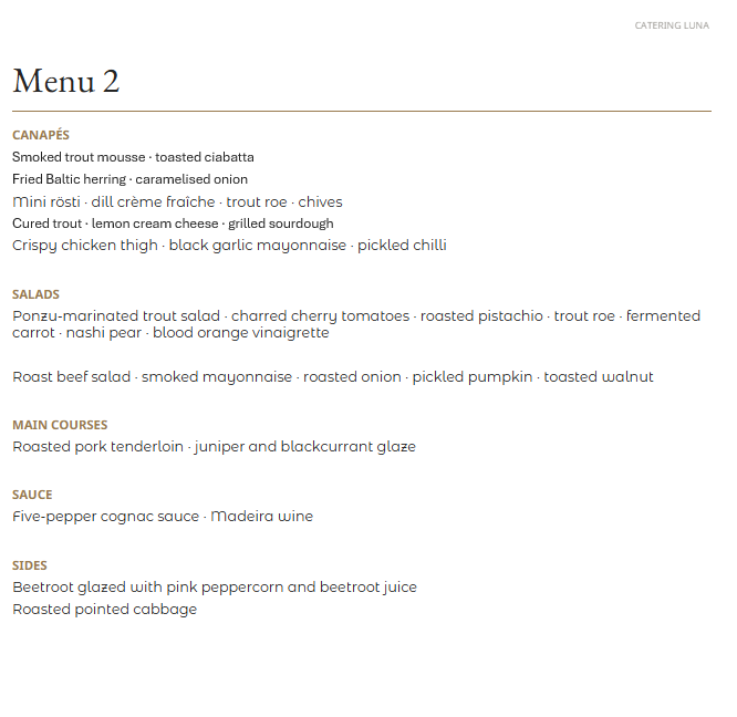 Catering Luna classic menu 2: canapés, salads, main course, sauce and sides