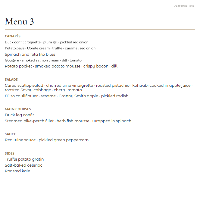 Catering Luna classic menu 3: canapés, salads, main courses, sauce and sides