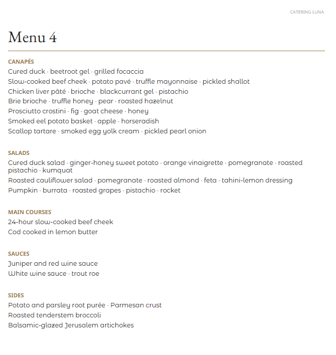 Catering Luna classic menu 4: canapés, salads, main courses, sauces and sides