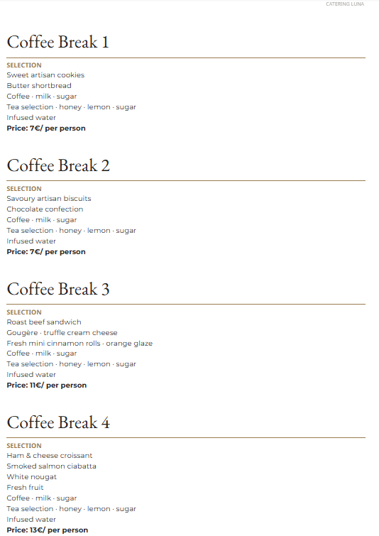 Catering Luna coffee breaks menu with four selections