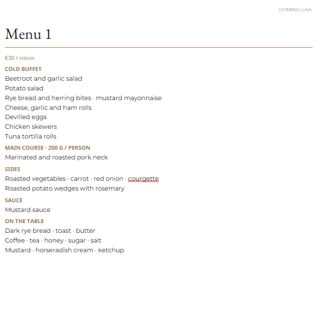 Catering Luna high-end buffet menu 1 — €30 per person