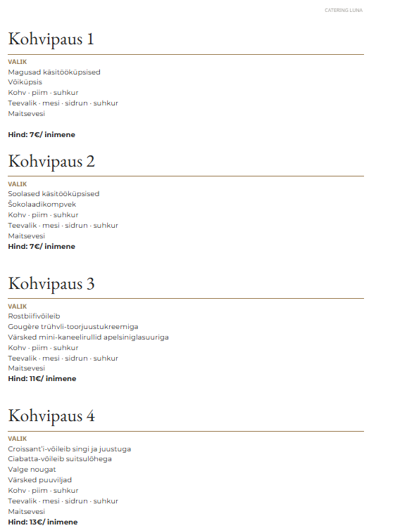 Catering Luna kohvipauside menüü nelja valikuga
